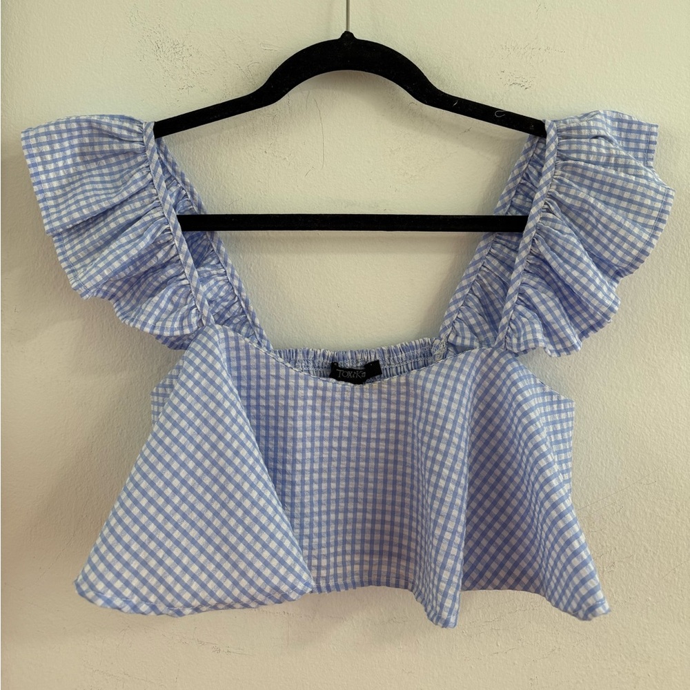 Blue and White Ruffled Flutter Sleeve Blouse